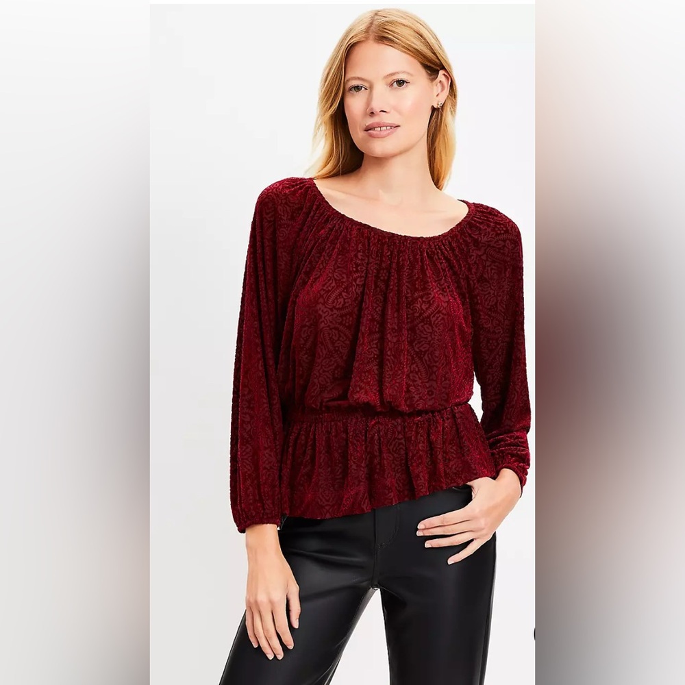 LOFT Red Mosaic Velour Blouse
